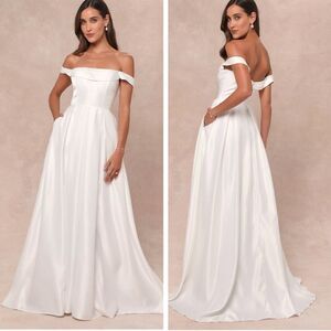 Lulus Extraordinary Vow White Off-the-Shoulder Maxi Dress Pockets Size Medium